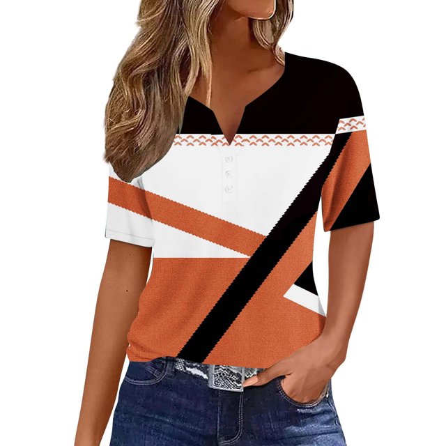 KIHOUT Nouveaux Hauts de Mode d'Été pour Femmes 2024, Blouse à Manches Courtes Imprimée Mode pour Dames Col Rond Hauts Décontractés Orange 3TG