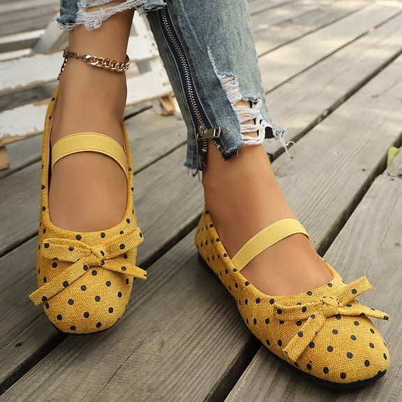 Willtoo Women Polka Dot Bow Mary Jane Flats Round Toe Elastic Strap Slip On Canvas Shoes Lightweight Soft Sole Casual Ballet Flats