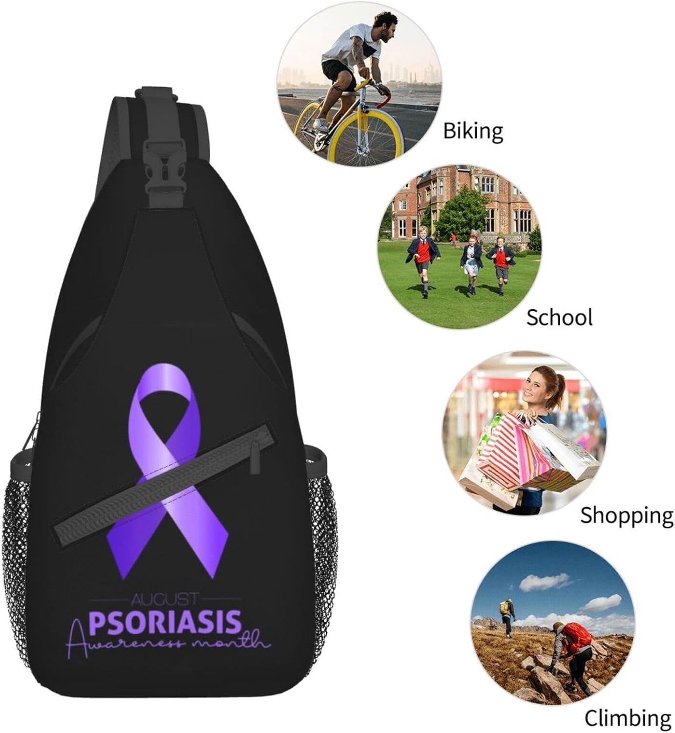 Psoriasis Awareness & Eczema Awareness Orange Purple Ribbon Sling Bag Crossbody Hiking Travel Chest Bags Backpack Shoulder Daypack for Women Men