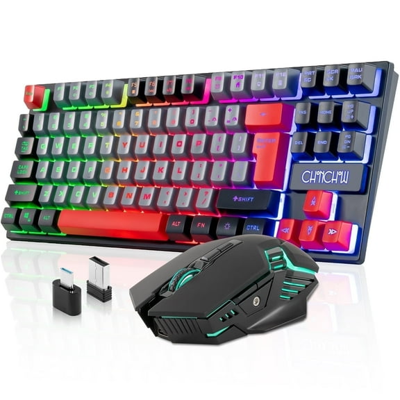 CHONCHOW Long-Lasting Wireless Gaming Keyboard and Mouse, 2500mAh Rechargeable Battery, Mixed Color LED Backlight for PC, Mac, PlayStation, Xbox