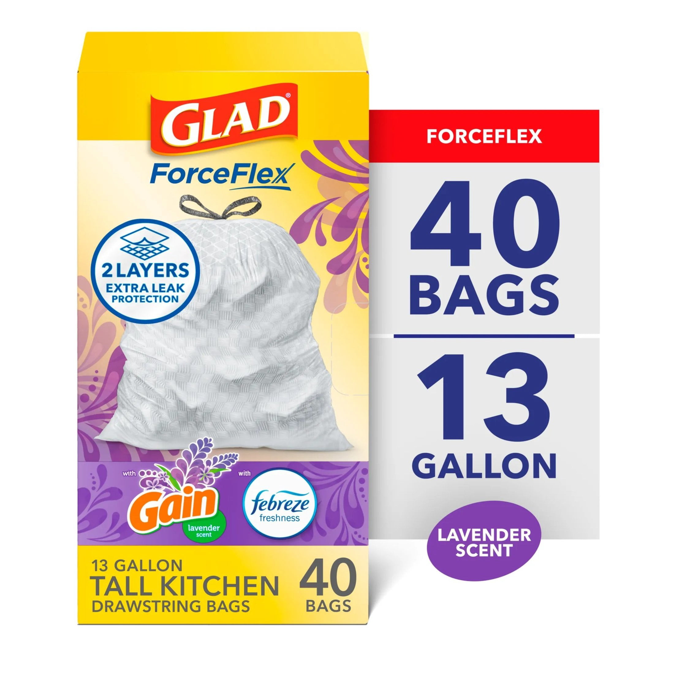 (3 pack) Glad ForceFlex Tall Kitchen Drawstring Trash Bags, 13 Gallon, Gain Lavender with Febreze Freshness, 40 Count