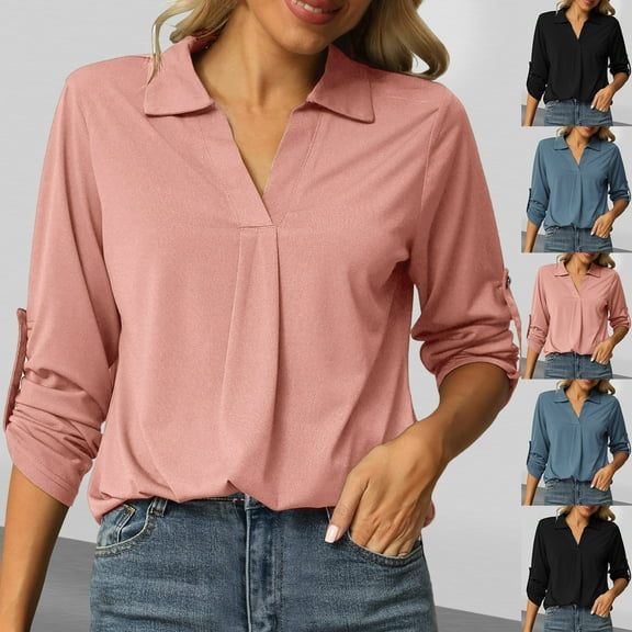 Casual Women's Tops Fashion Plus Size Womens New Loose V-neck Solid Color Tops Bottoming Long-sleeved Shirtirt