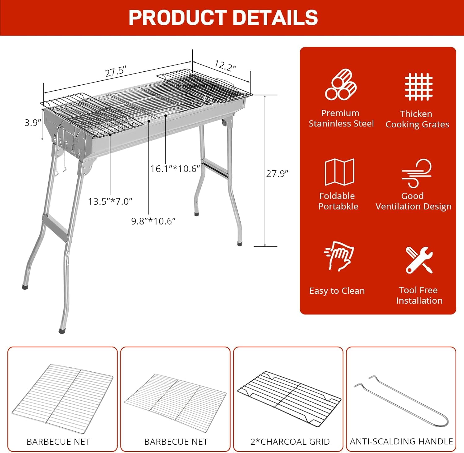 CHTER Portable Charcoal Grill, 28x 13 x 27" Foldable Barbecue Grill, Stainless Steel BBQ Grill for Outdoor Cooking Camping Hiking Picnic Garden Beach Party