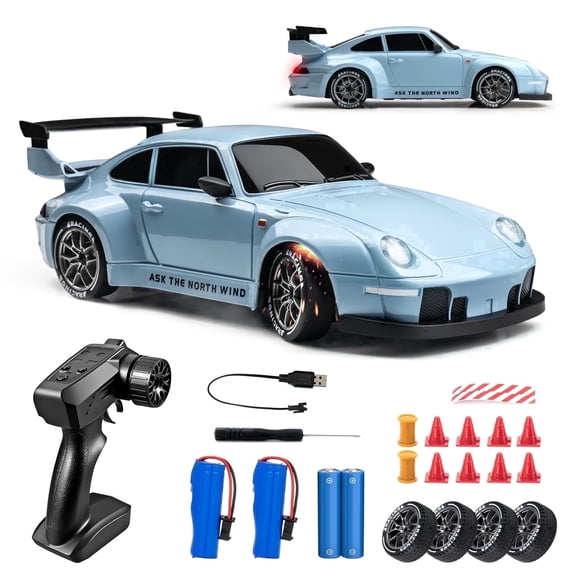 Zcaeeth 1:24 Scale 4WD RC Drift Car, 20 KM/H Remote Control Car with LED Lights, 2.4GHz, 2 Batteries, Drift & Racing Tires, Blue