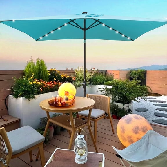 Outdoor Umbrellas, 10 x 6.5t Rectangular Patio Solar LED Lighted Outdoor Umbrellas with Crank and Push Button Tilt for Garden Backyard Pool Swimming Pool, Turquoise Patio Umbrellas
