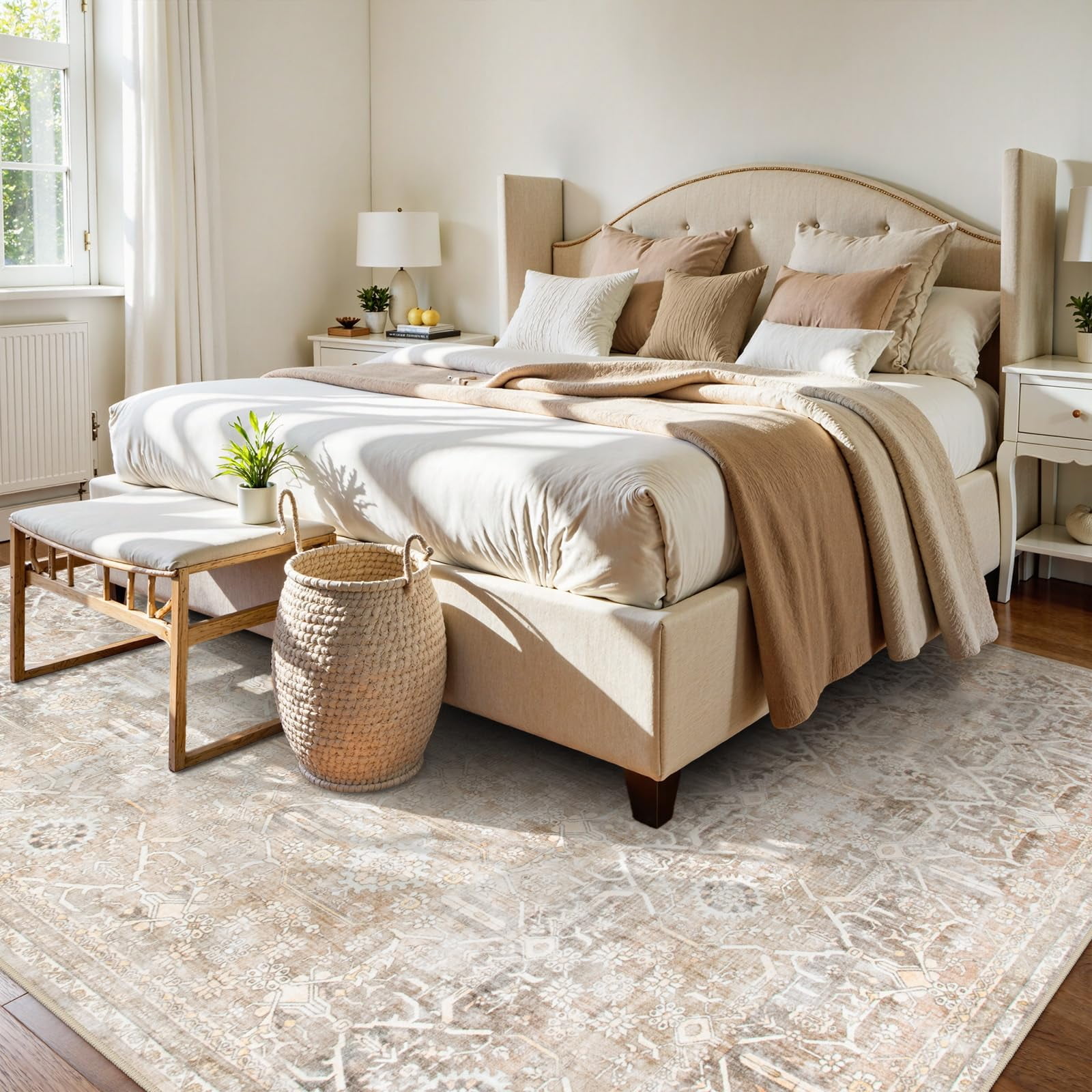 Lahome Decor 9'x12' Large Washable Area Rug for Living Room,9x12ft Boho Tribe Area Rug With Non-Slip Backing, Stain Resistant Non-Shed Carpet for Bedroom, Dining Room, Dorm, Office,Farmhouse- Khaki