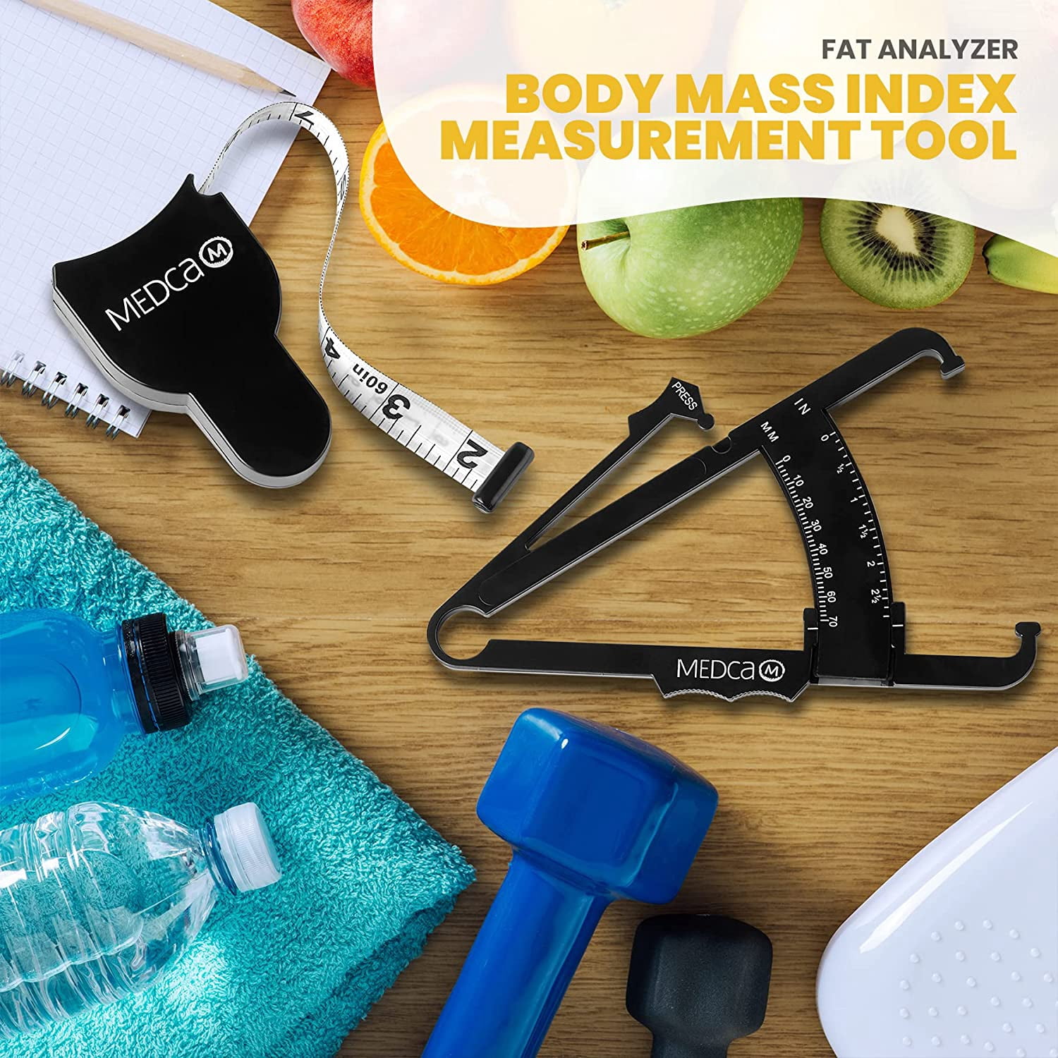 MEDca Body Fat Caliper, Measuring Tape for Body - Pack of 2 Skin Fold Fitness - Plastic, Multicolor