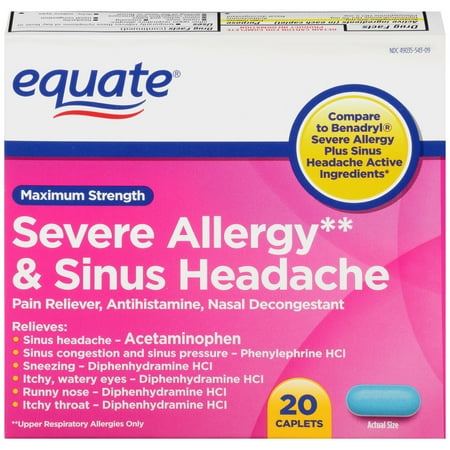 Equate Maximum Strength Severe Allergy & Sinus Headache Acetaminophen Caplets, 325 mg, 20 Ct