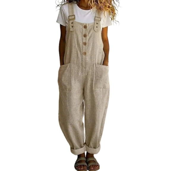 Summer Y2K Jumpsuits for Women, Suspender Strap Loose Linen Overalls, Baggy Distressed Jeans Wide Leg Jumpsuit Pants, Boho Harem Pants Summer Vacation Outfits,BeigeL