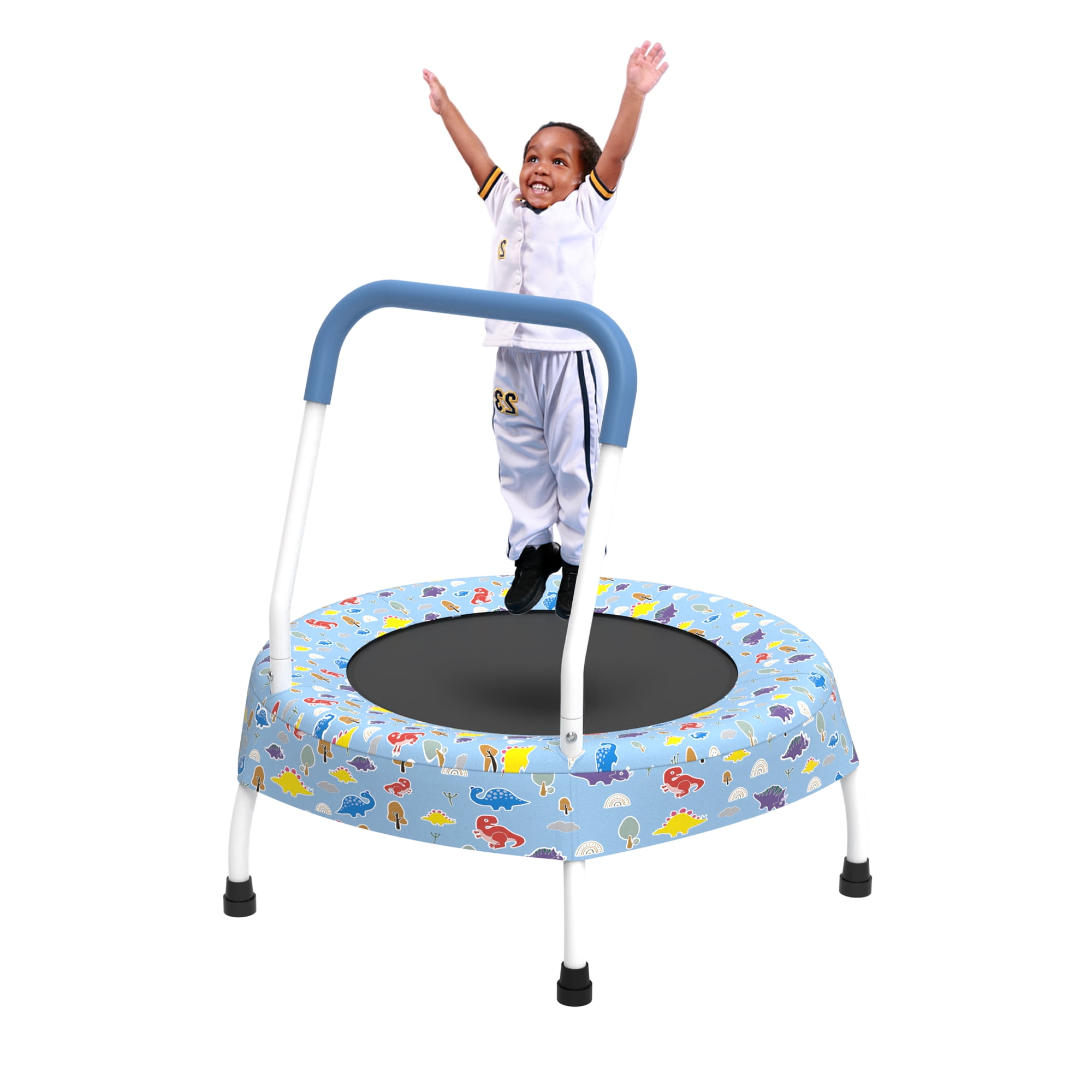 28 Inch Toddler Trampoline with Handle, Blue Printed Indoor Outdoor Kids Trampoline, Bungee Cord Design No-Gap Safe Jumping Mat, Max 55 LBS, Gift for Boys Girls