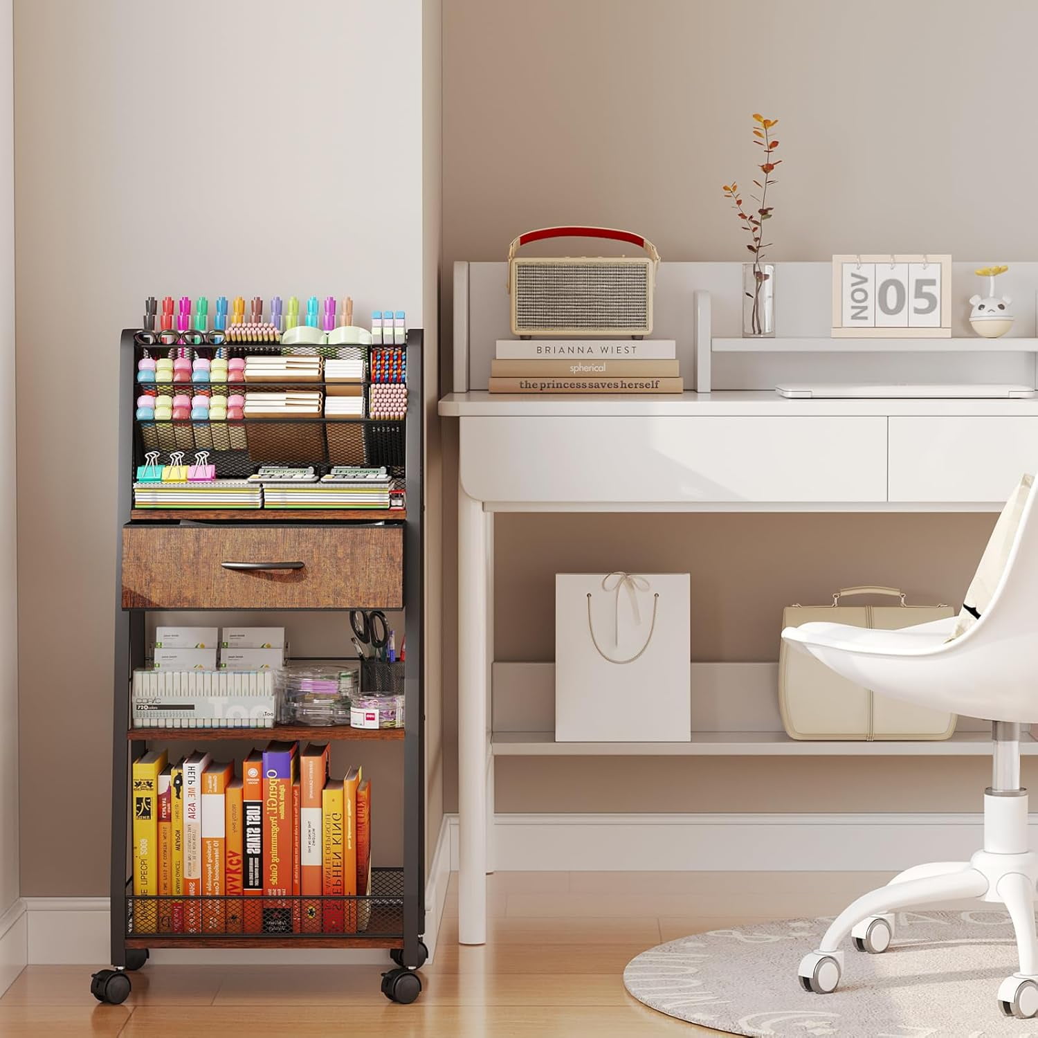 3 Tier Rolling Cart - Metal Utility Cart with Storage Drawer and Wheels, Versatile Art & Craft Organizer for Home, Office, or Studio - Ideal for Storing Brushes, Paints, and Supplies
