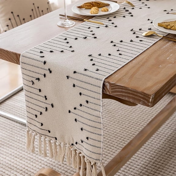 13 x 72 Inch Boho Table Runner, Farmhouse Stripe Table Runners with Tassels for Home Dining Table Decor, Rustic Natural Woven Dresser Scarf