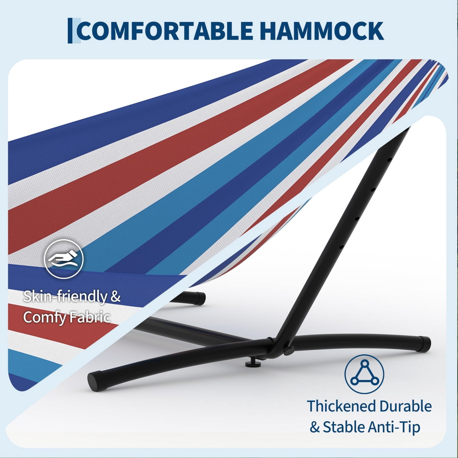 JoanKaren Double Hammock with Portable Space Saving Heavy-Duty Steel Stand,2 Person Outdoor 450lb Capacity Standing Hammocks,Indoor/Outdoor,Blue & White & Red Stripes