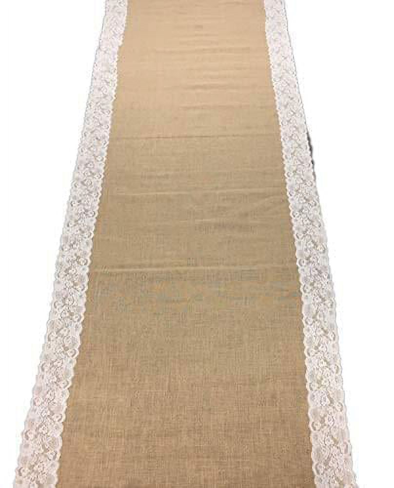 Burlap Wedding Aisle Runner 40x20 Ft - Ivory Lace Edges, Natural Jute, Outdoor/Indoor