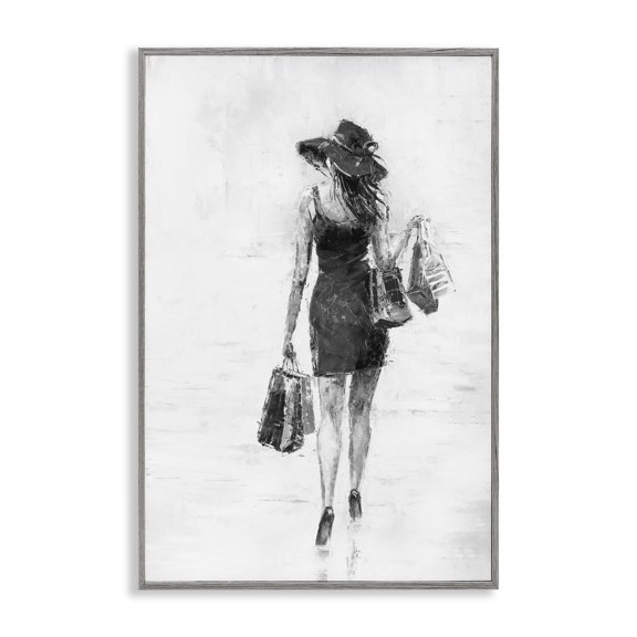 Stupell Industries Glam Shopper Girl Novelty Painting Gray Framed Art Print Wall Art, 20 x 30
