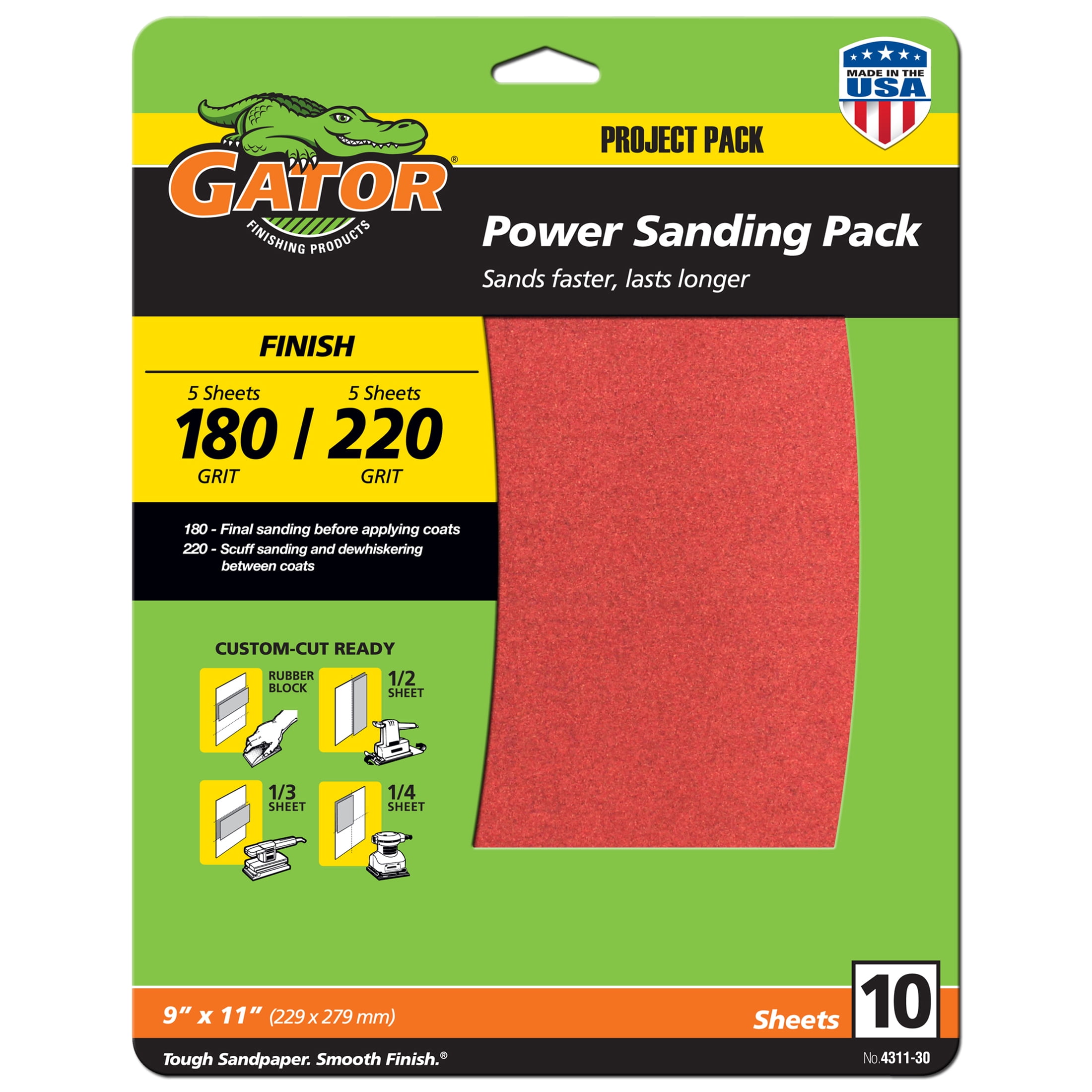 Gator 9-inch x 11-inch Red Resin Aluminum Oxide Multi-Surface Sandpaper Sheets, 180 and 220 Grit, 10 pack