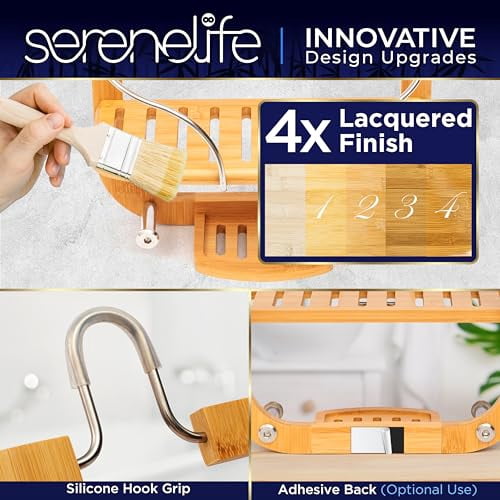 SereneLife Bamboo Hanging Shower Caddy with 3 Tiers, Anti-Slip Design, Bathroom Storage Organizer for Shampoo, Soaps, and Essentials - Space-Saving and Easy to Clean