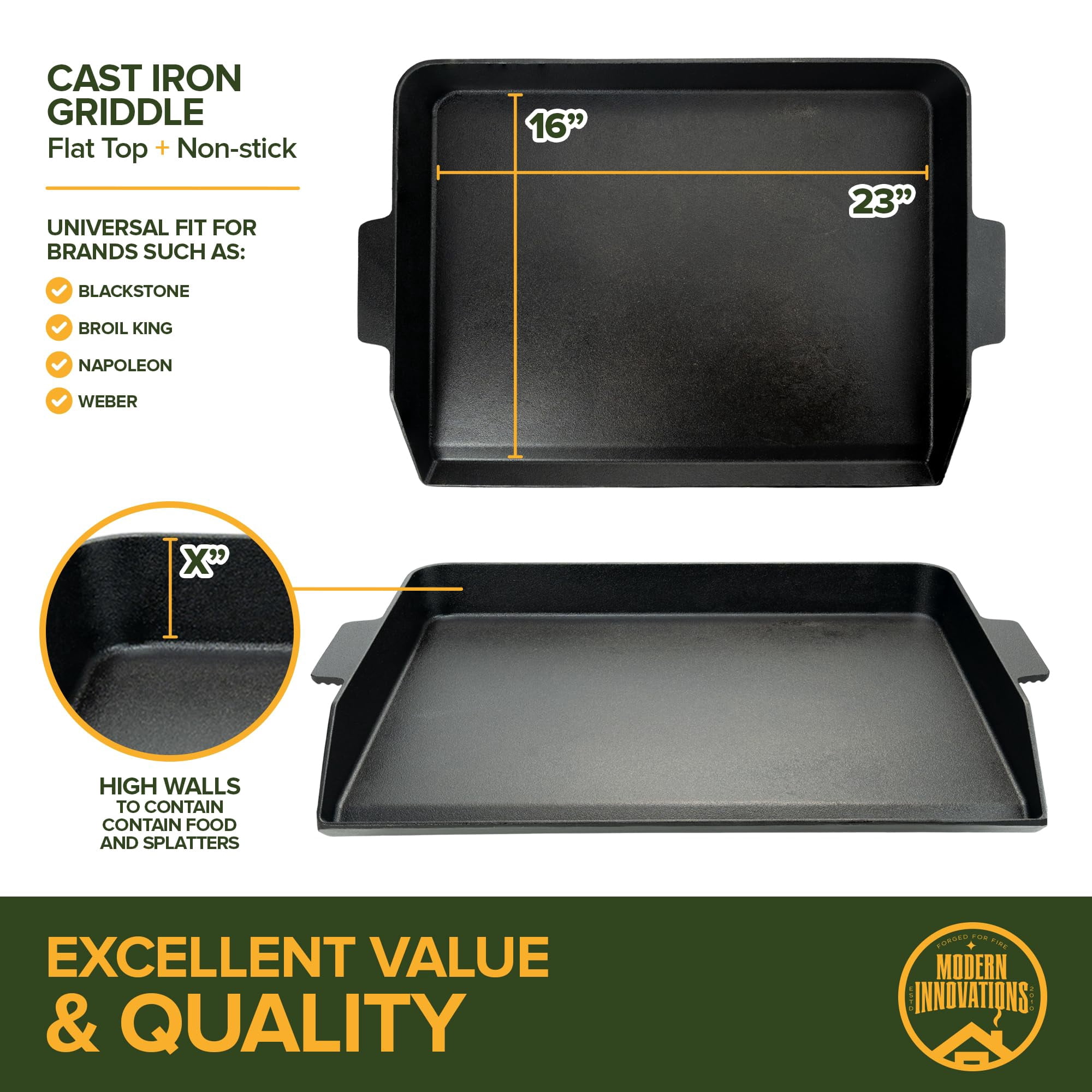 23 x 16 Inch Cast Iron Griddle for Gas Grills, Heavy Duty Outdoor Griddle, Extra Large Cast Iron Griddle for Even Heat, Non-Stick Flat Top Griddle for Grill Cooking Burgers, Pancakes, Steak & More