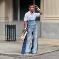 thumbnail image 2 of Pantalon Patchwork en Denim à Taille Haute pour Femme, Extensible, Jambe Droite Grand, Jeans Amples, Grande Taille, Pantalon Décontracté de Rue avec Poches à Rabat, Fermeture Éclair, pour Toutes les Saisons, 2 of 5