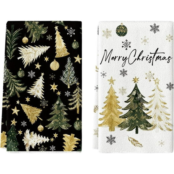 Black Golden Xmas Tree Merry Christmas Kitchen Towels Dish Towels, 16x24 Inch Farmhouse Ornaments Winter Decoration Cleaning Set of 2