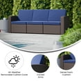 thumbnail image 6 of BizChair Brown Faux Rattan Sofa with All-Weather Navy Cushions, 6 of 11