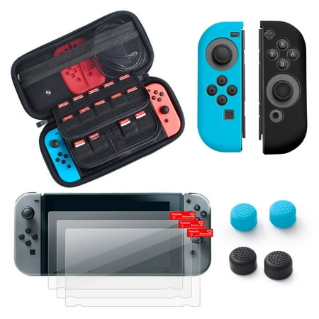 - Nintendo Switch Accessories 6-in-1, by Insten Carrying Case Protective Cover EVA Hard Zipper with 29 Cartridge Holder + 3pcs Screen Protector + Joy-Con Controller Skin + Thumb Grip for Nintendo Switch