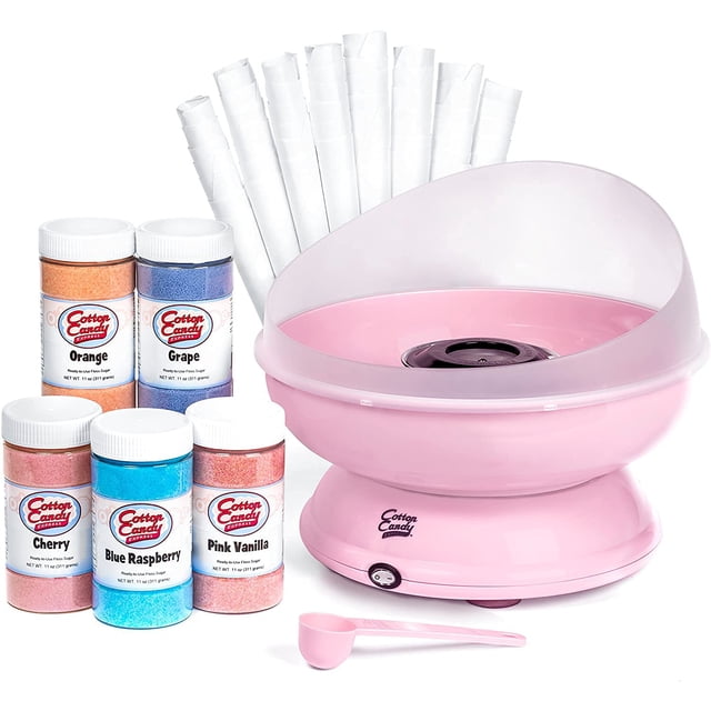Cotton Candy Express CC1000-S Máquina de algodón de caramelo con 5 paquetes de azúcar – cereza, uva, frambuesa azul, naranja, rosa vainilla