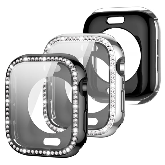 Allytechgroup 2 Pack Glitter Case for iWatch Series 10/11 42mm with Screen Protecror, [Compatible with Magsafe] Hard PC Rugged Shockproof Protecrive Full Body Cover for Women Girls, Silver Black