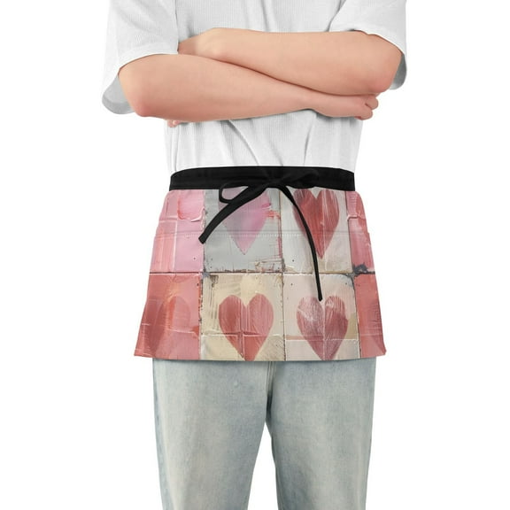 Pretty Pink Hearts Waist Apron Adjustable Server Half Apron Kitchen Cooking with 3 Pockets for Men Women