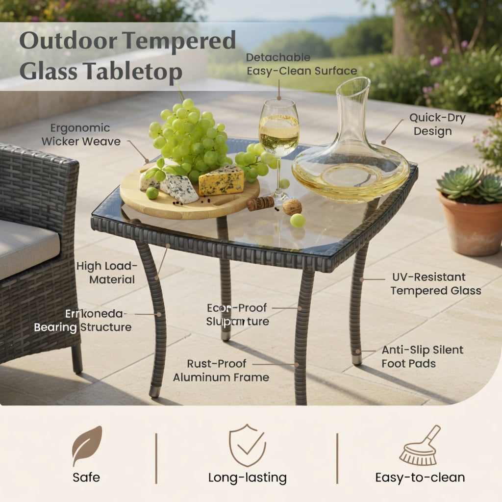 Hommoo 3-Piece Outdoor Patio Furniture Set, PE Rattan Chairs with Removable Cushions & Tempered Glass Coffee Table for Porch, Backyard, Garden, Navy
