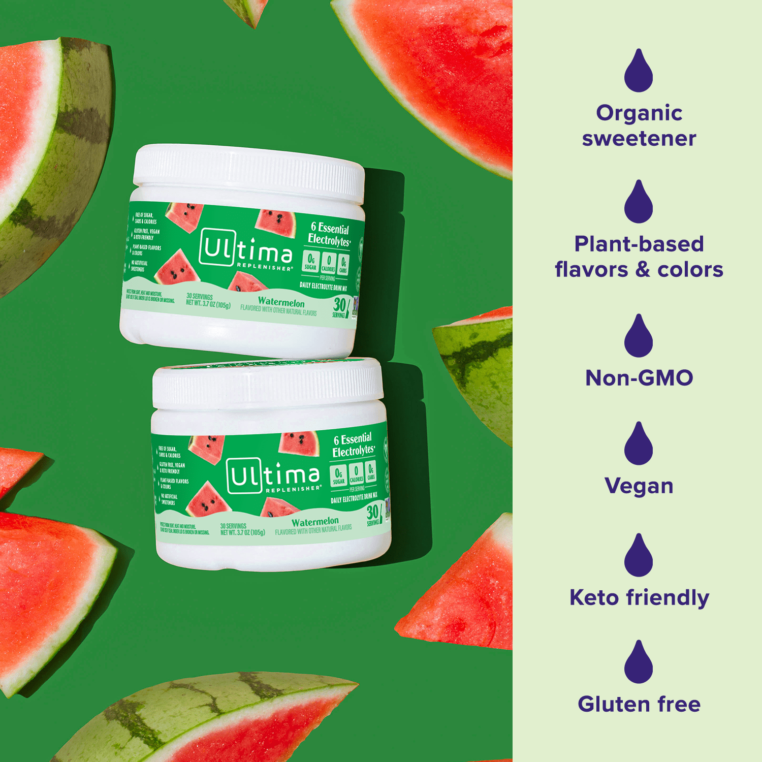Ultima Replenisher Hydration Electrolyte Powder Drink Mix, Keto, Sugar-Free Watermelon, 30 Servings