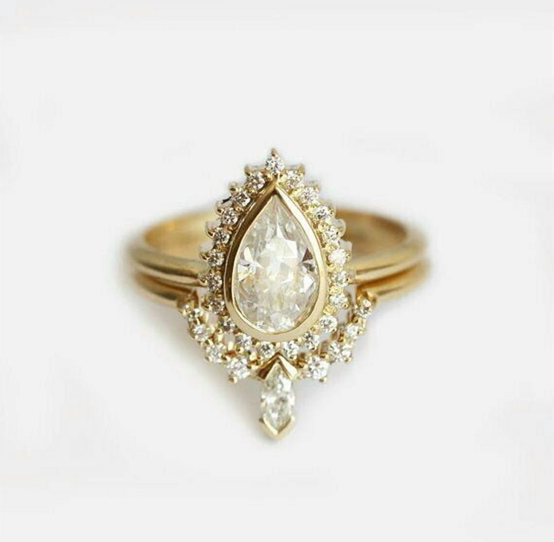 HeartsAndYou 2ct Pear Cut Moissanite Engagement Ring for Women 18k Yellow Gold Over Silver Halo Curved Bridal Set