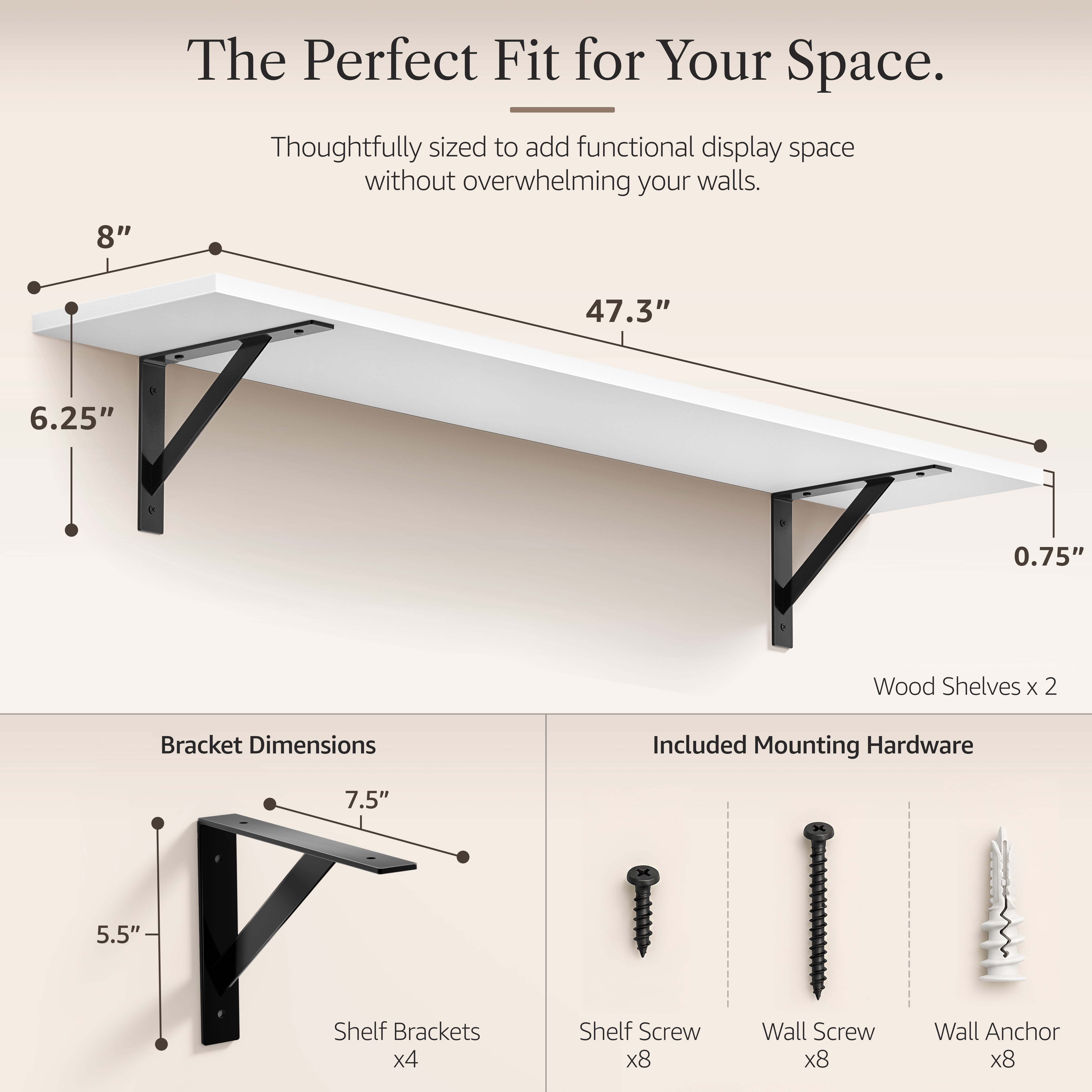 Sorbus 47.3 in Wood Wall Shelves with Black Metal Brackets, White, 2-Piece Set