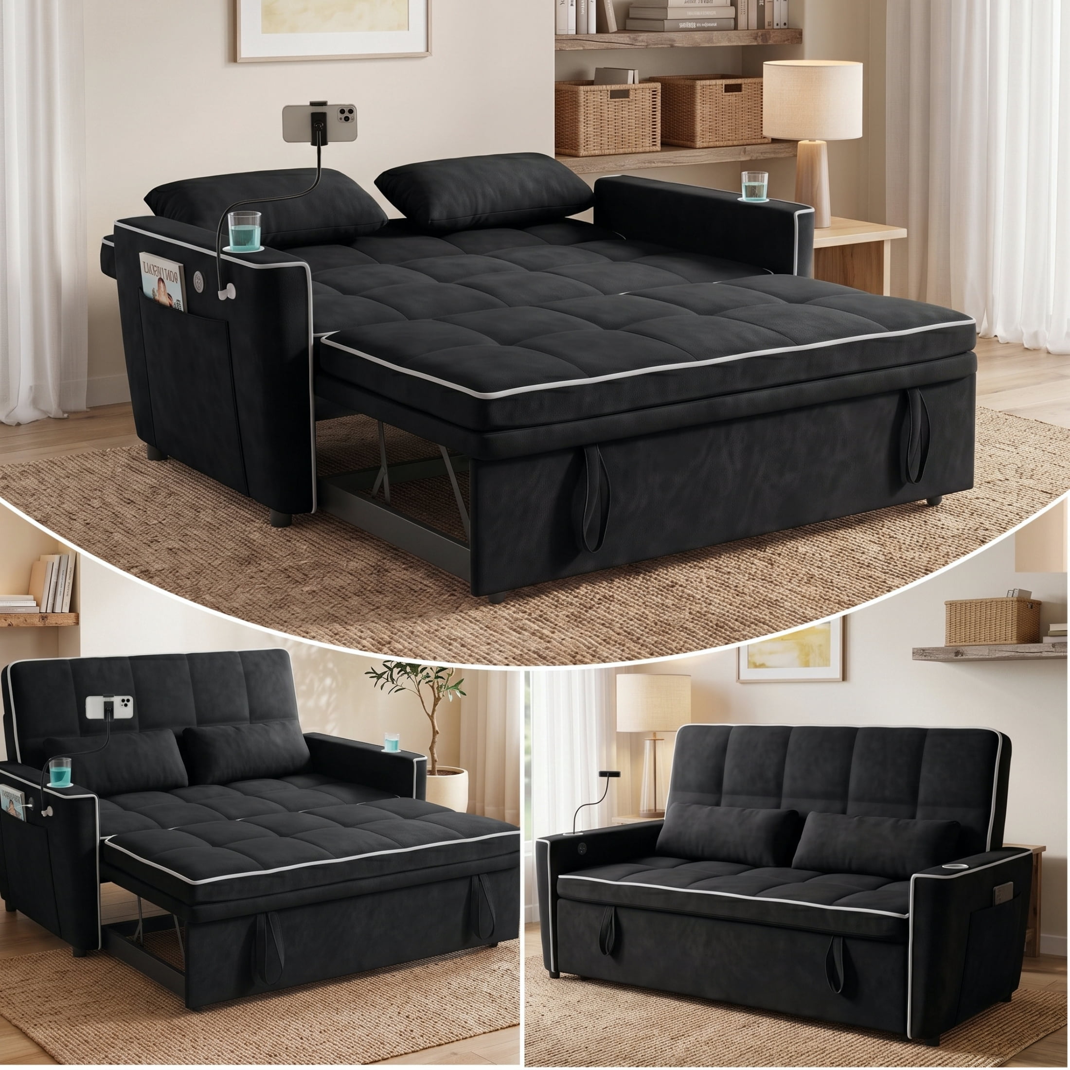 Vinform Sleeper Sofa Bed, 3 in 1 Convertible Loveseat with Phone & Cup Colder for Small Space, Black