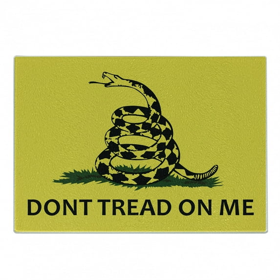 Don't Treat on Me Cutting Board, American Independence Rattlesnake Gadsden Flag, Decorative Tempered Glass Cutting and Serving Board, in 3 Sizes, by Ambesonne