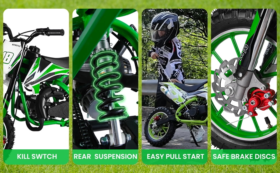 Kids Gas Motorcycle - 49cc Mini Bike with Front & Rear Disc Brakes, Wear-Resistant Tires & Ergonomic Handle for Off-Road Fun (Cool Green)