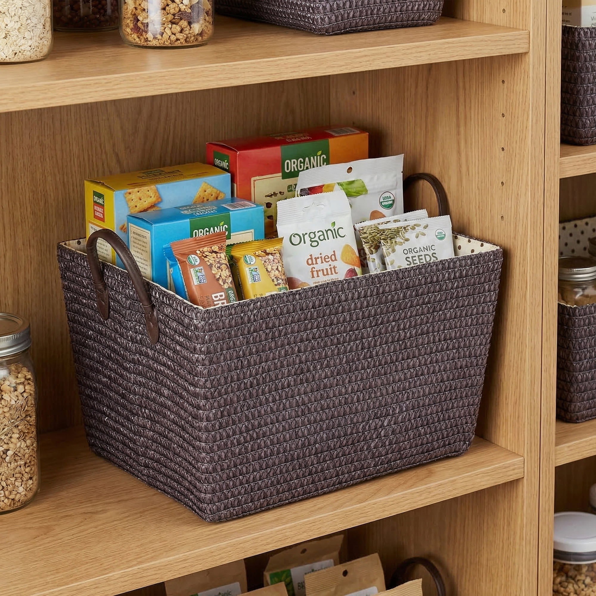 Unique Bargains Woven Storage Basket Shelf Closet Storage Bin Coffee 17.7*13.8*9.8in