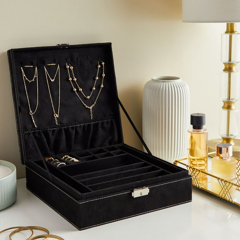 Two Layer Jewelry Box Organizer Display Storage Case with Lock & Key, Black