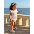 thumbnail image 5 of BemeyourBBs Newborn Baby Girl Summer Clothes Smocked Bubble Romper Cotton Linen Outfits Cherry Floral Print Crew Neck Flying Sleeve Bodysuit and Bow Headband 2 Pcs Set, 5 of 9