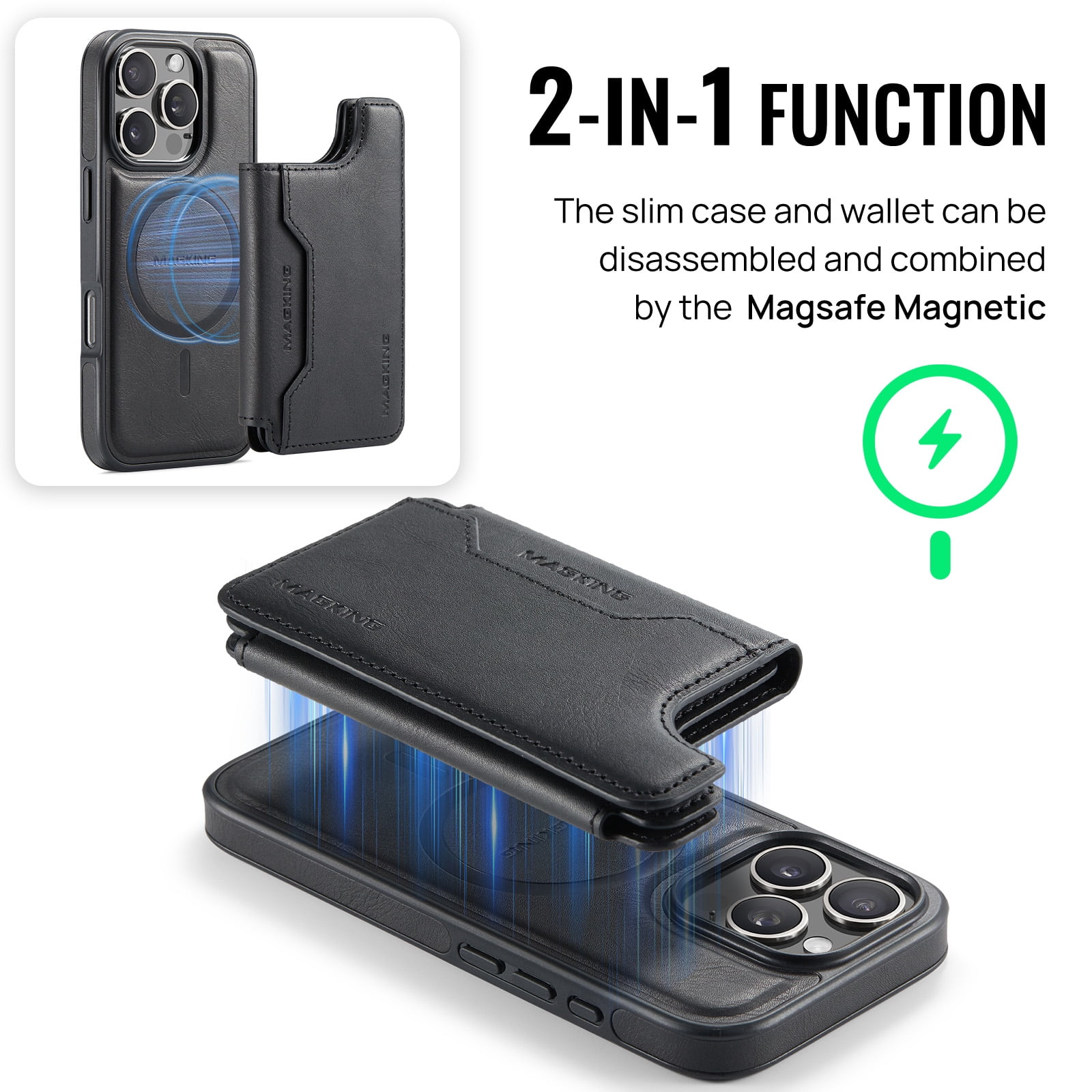 Designed for iPhone 16 Pro Max Wallet Phone Case,Magnetic Detachable Flip Card Holder,Back Flip Kickstand,Compatible with Mag-Safe,2-in-1 PU Leather Heavy Duty Shockproof Phone Case,Black