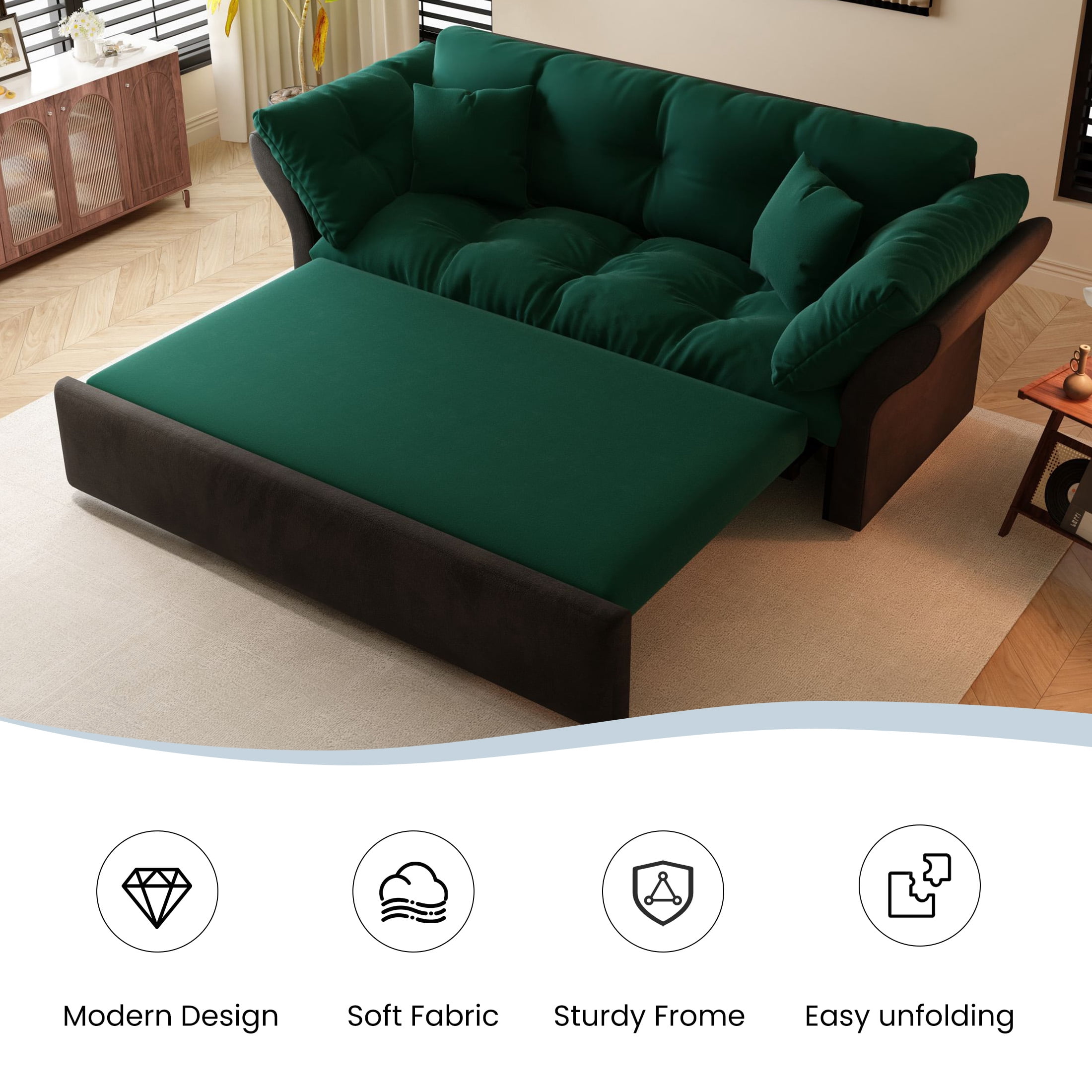Aukfa 74.8" Queen Pull Out Sofa Bed, Convertible Loveseat Sleeper Sofa Couch with 2 Pillows, Tufted, Green