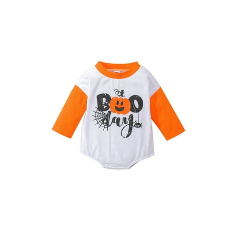 

Gureui Newborn Baby Girl Boy Long Sleeve Romper Casual Halloween Pumpkin Letter Spider Web Printed Contrast Color Round Neck Patchwork Snap Crotch Loose Fit Triangle Bodysuit