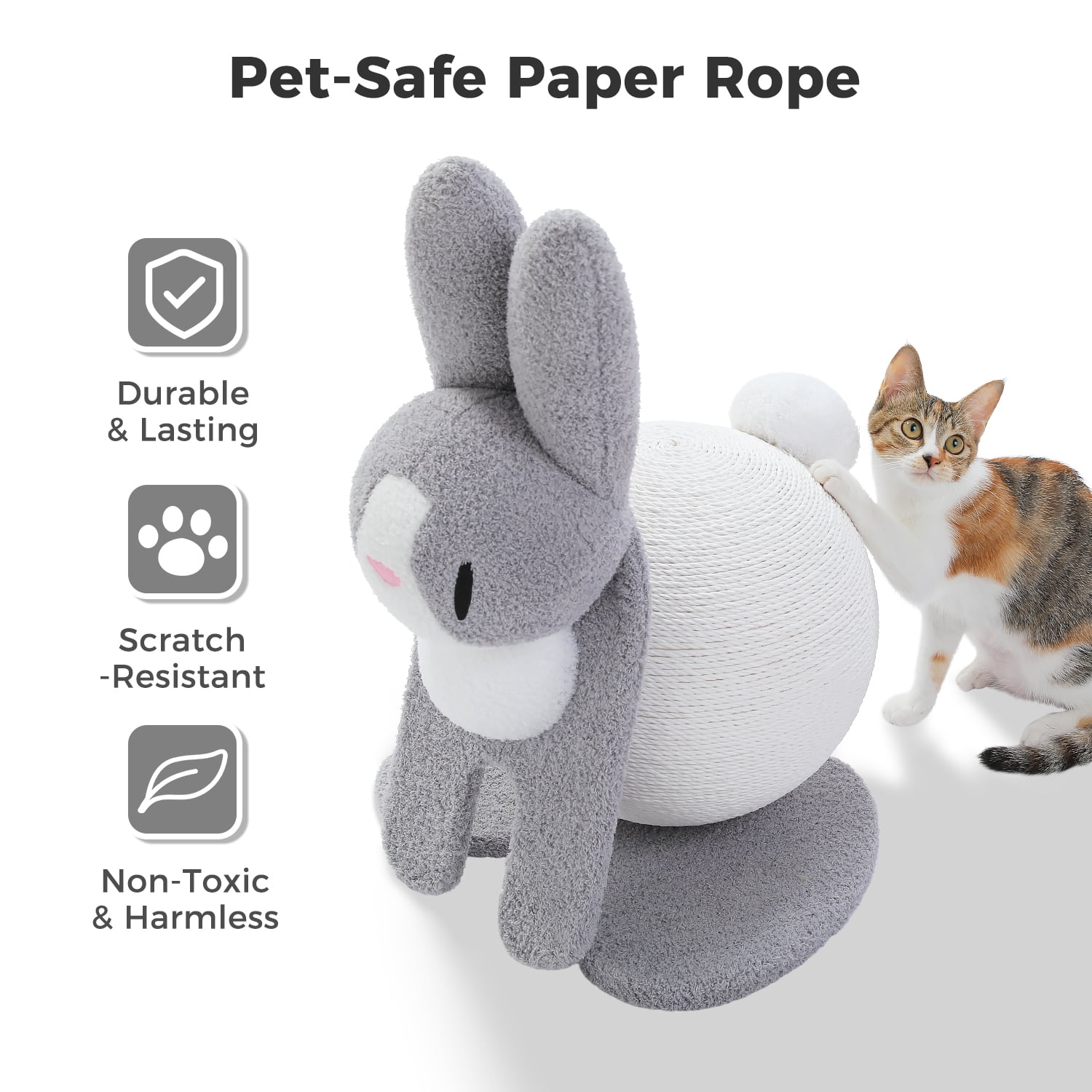 PEQULTI 23" Cute Cat Scratching Post Bunny Style Cat Scratcher with Paper Rope for Indoor Kitten Gray