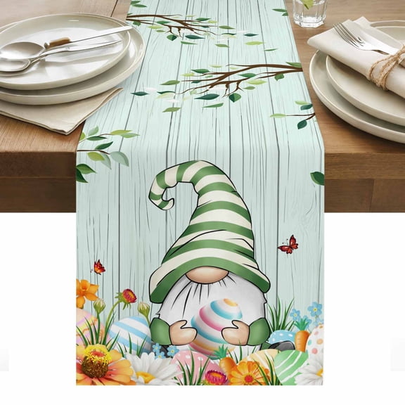 Easter Gnomes Table Runner - 70 Inch Long, Kitchen Dining Table Runner Dresser Scarves, Spring Watercolor Eggs Flower Wood Grain Teal Farmhouse Decor for Coffee Tables Wedding Party Banquet