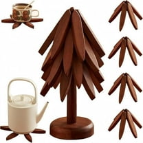 Tree Design Trivet Mats Set of 4 Walnut Wood Foldable Heat Resistant Hot Dish Holders Kitchen Pot Bowl Teapot Table Protection Anti-Heat Pads