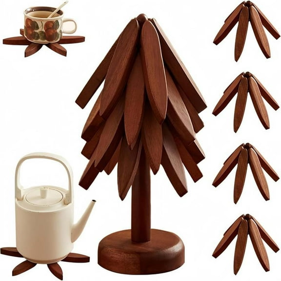 Tree Design Trivet Mats Set of 4 Walnut Wood Foldable Heat Resistant Hot Dish Holders Kitchen Pot Bowl Teapot Table Protection Anti-Heat Pads