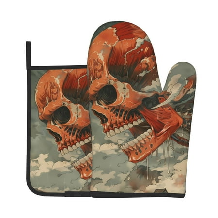 

Zeuib Gigantic Skull In Clouds Print Oven Mitt & Pot Holder Set 2-Pack Kitchen Gloves and Hot Pads for Cooking BBQ Grilling Baking
