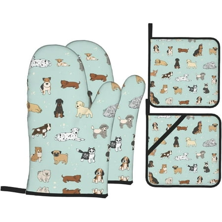 

Dog Print Oven Mitts and Pot Holders Sets 4 Piece Set Kitchen Women Men Cooking Baking Microwave Heat Resistant