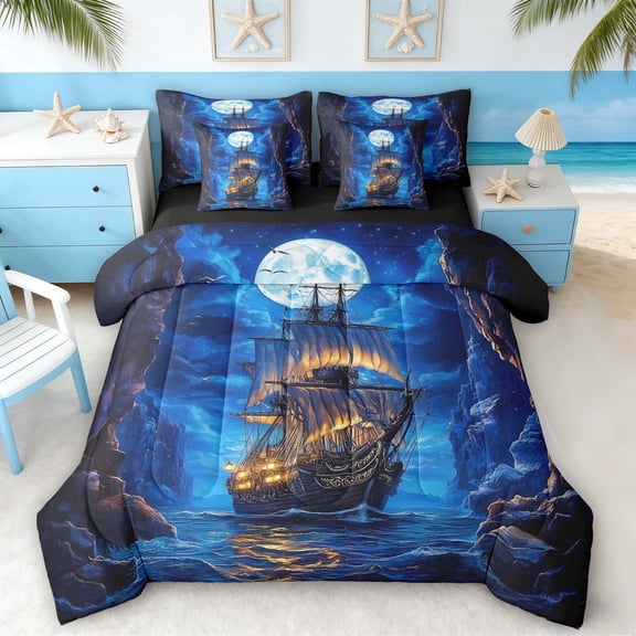 Manfei Magical Sailboat Canyon Ocean Twin Bedding Sets for Kids Boys and Girls, Nautical Fantasy Print Bedding Comforter Set, Black Reversible 7-Piece