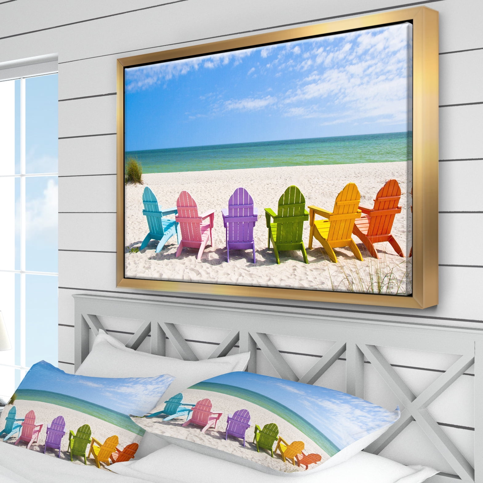 Designart ' Adirondack Beach Chairs ' Seashore Photo Framed Canvas Art Print